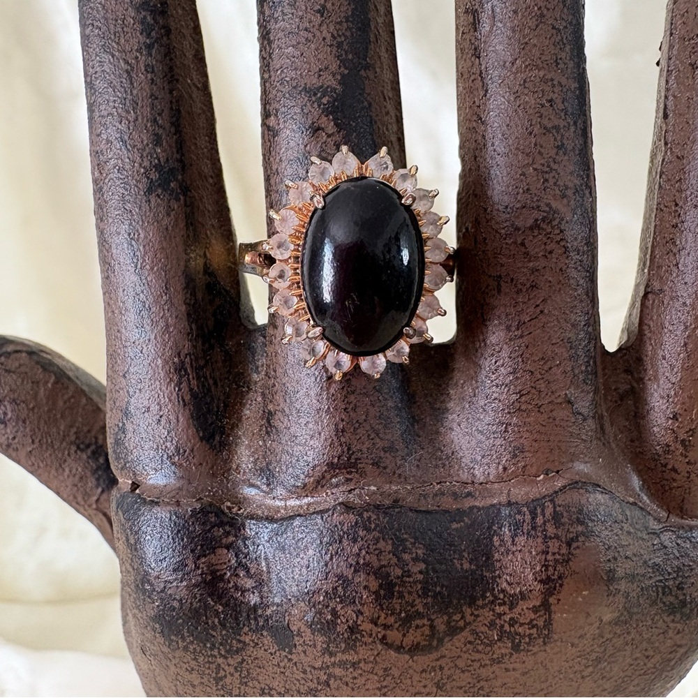 Vintage rhinestone black pendant ring cocktail cubic zirconia  18kt size 6.5